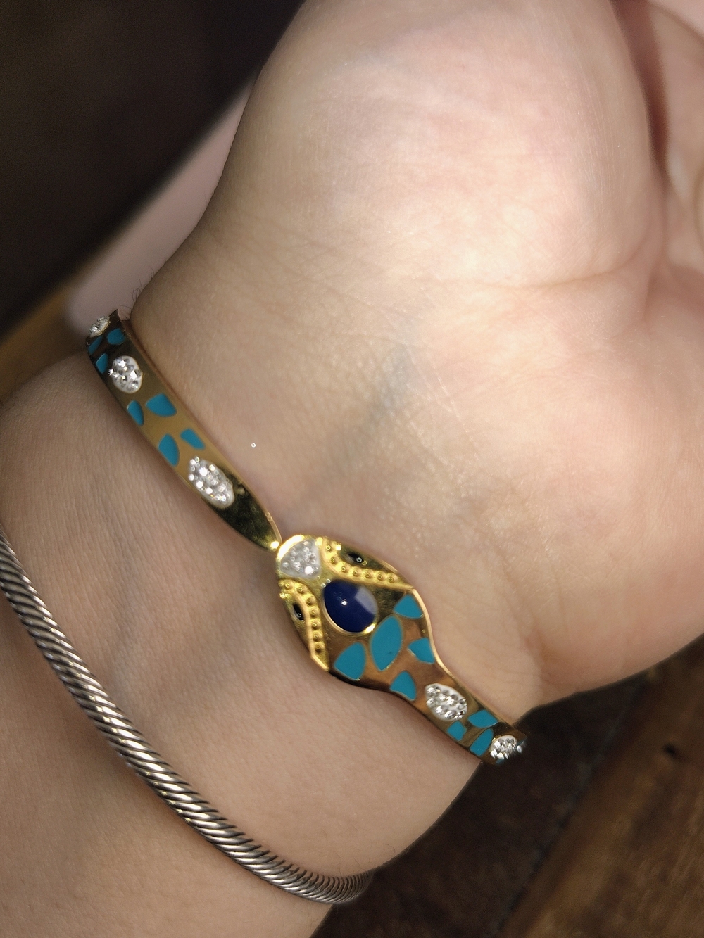 Stainless Steel Gold-Tone Blue Enamel Snake Bangle Bracelet